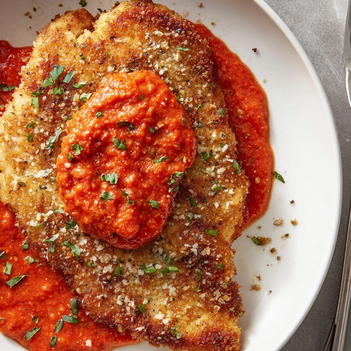 Sliced Parmesan Roasted Red Pepper Chicken resting on roasted vegetables, parsley