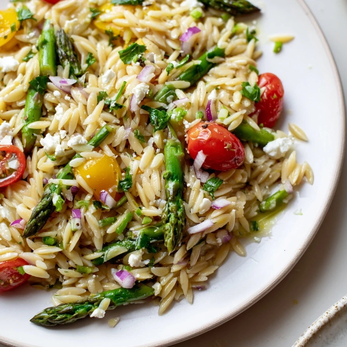 Chilled orzo with lightly blanched asparagus, lemony dressing — Asparagus Orzo Salad With Lemon Vinaigrette