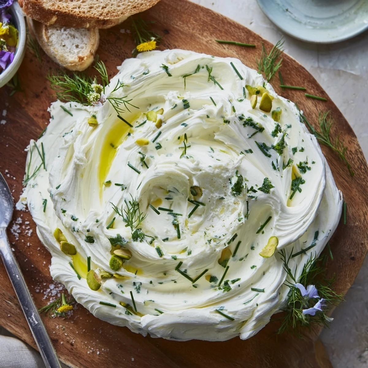 Close-up of Rustic Creamy Herb Infused Butter Board drizzled with olive oil