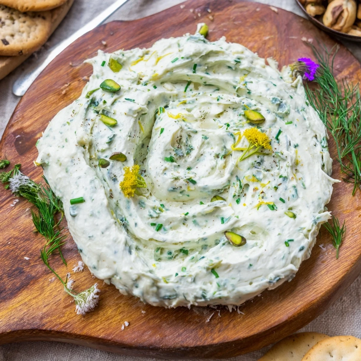 Rustic Creamy Herb Infused Butter Board spread with swirls, lemon zest, nuts