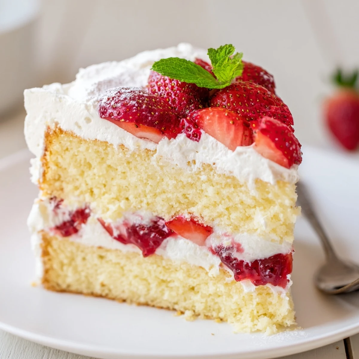 Strawberries And Cream Sponge Cake with airy layers, whipped cream, ripe strawberries.