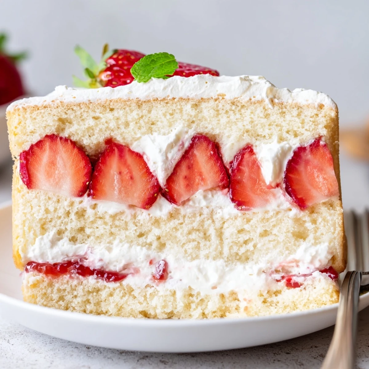 Sliced Strawberries And Cream Sponge Cake on plate, mint garnish, chilled.