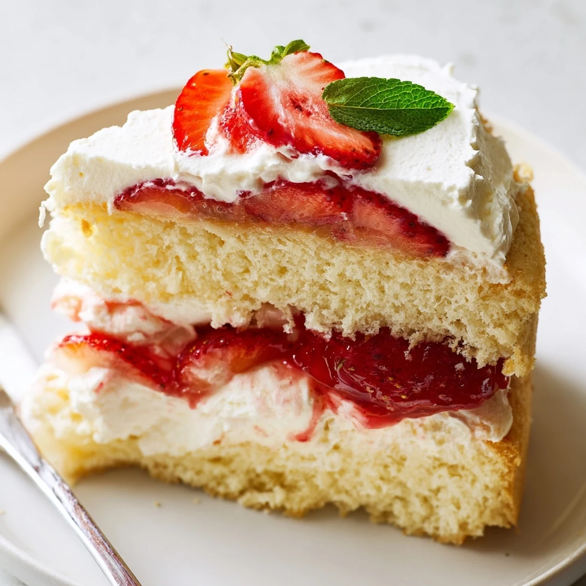 Light Strawberries And Cream Sponge Cake layered with fluffy cream, springy sponge.