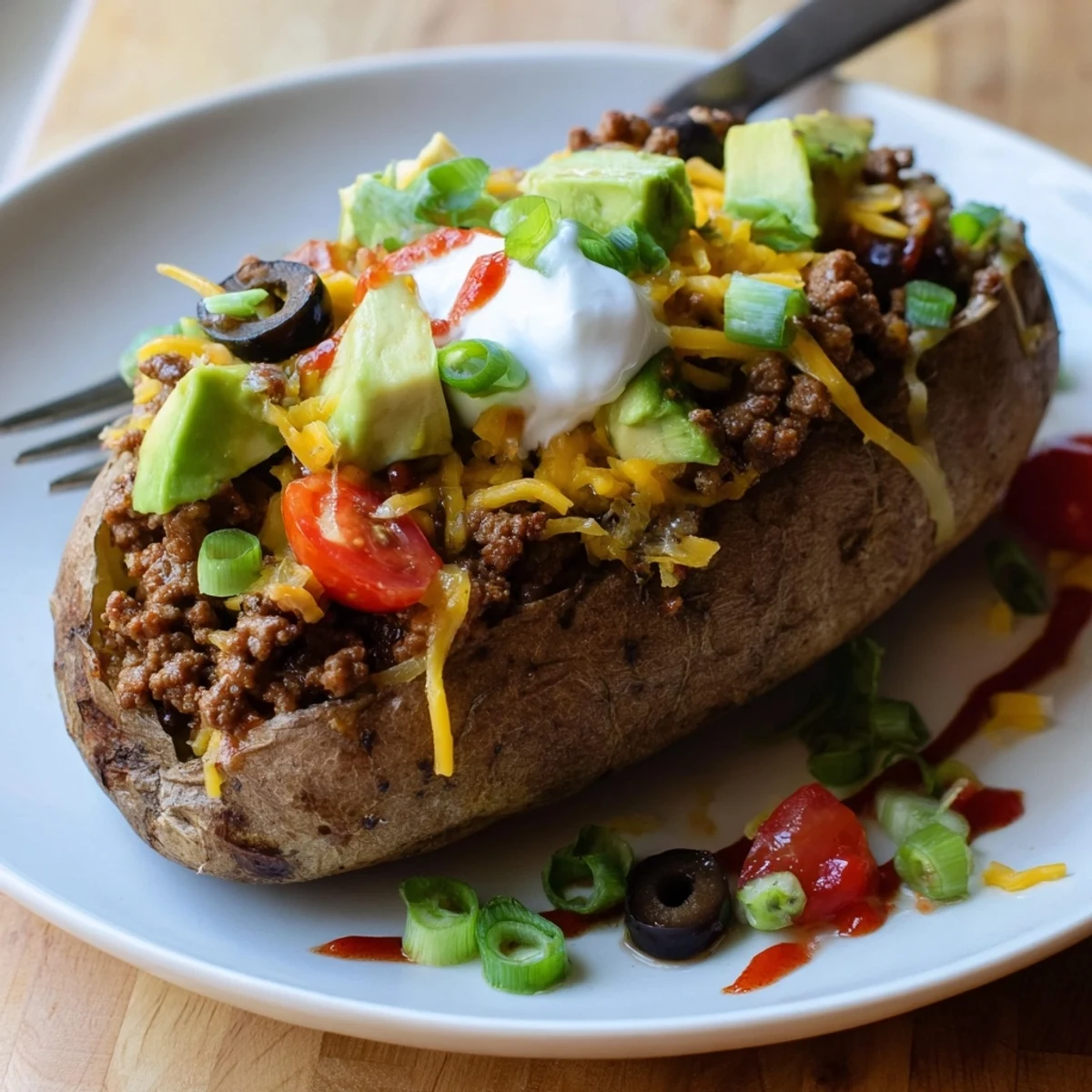 Taco Loaded Baked Potatoes with sizzling taco meat and melted cheddar cheese