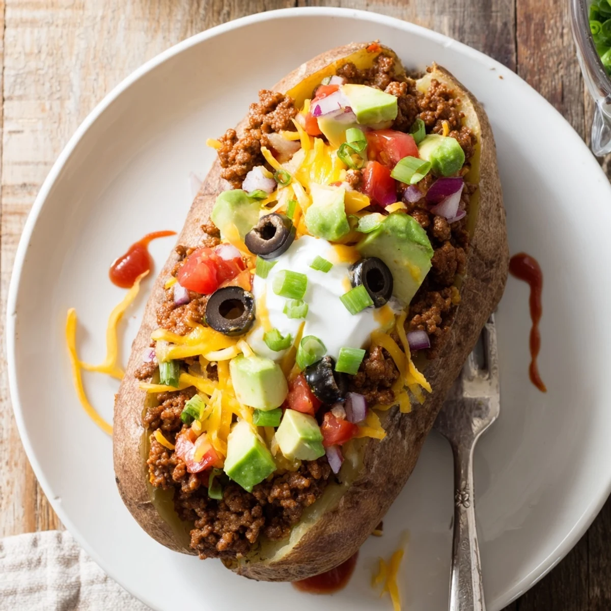 Close-up of Taco Loaded Baked Potatoes topped with creamy avocado and sour cream