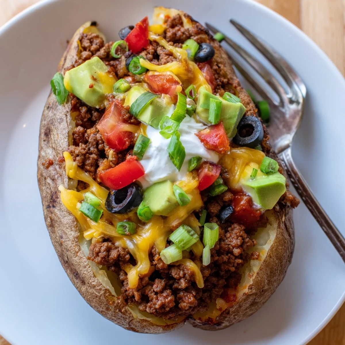 Family-style Taco Loaded Baked Potatoes garnished with cilantro, diced tomatoes, and spicy salsa