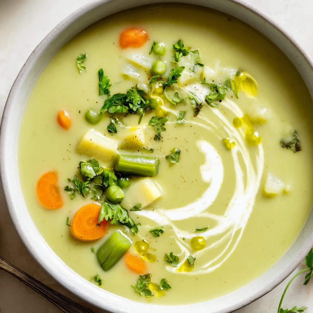 Creamy Vegetable Soup Recipe steaming in a bowl, silky texture and bright herbs
