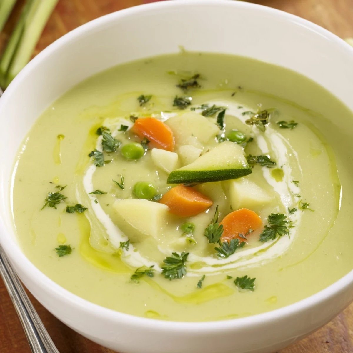 Creamy Vegetable Soup Recipe with diced vegetables visible, warm spoonful comforts