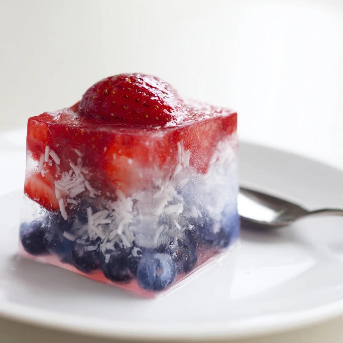 Close-up of Red White And Blue Ice Cubes Recipe with icy sheen and coconut