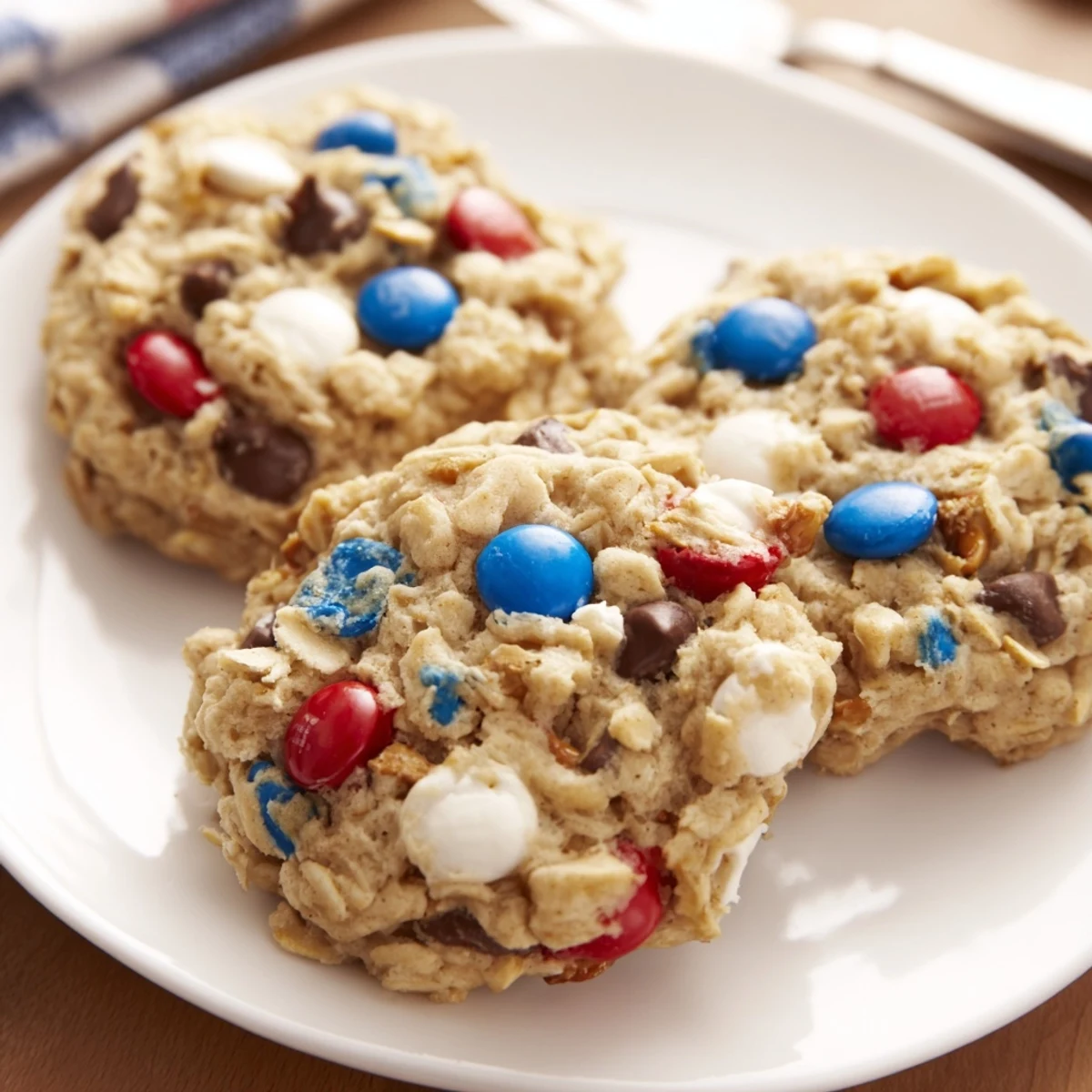 Fresh baked Patriotic Monster Cookies Recipe with chewy centers and colorful candy