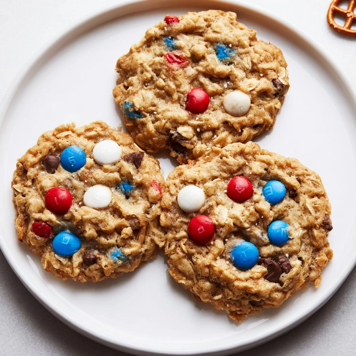 Plate of Patriotic Monster Cookies Recipe stacked, golden edges, served with milk