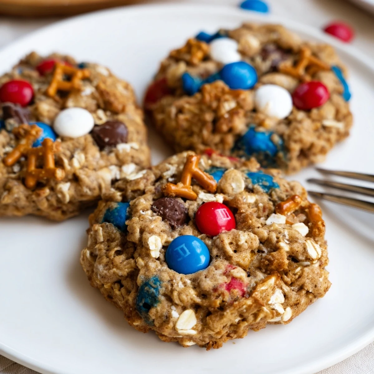 Patriotic Monster Cookies Recipe cooling on wire rack, warm peanut butter aroma