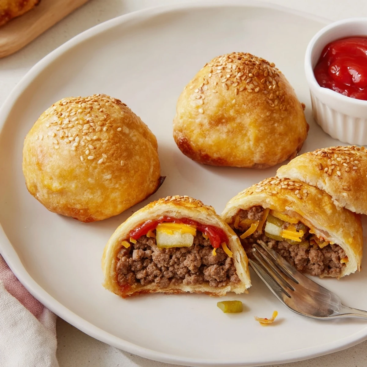 Golden Cheesy Cheeseburger Bombs stuffed with cheese and sesame, served with sauces