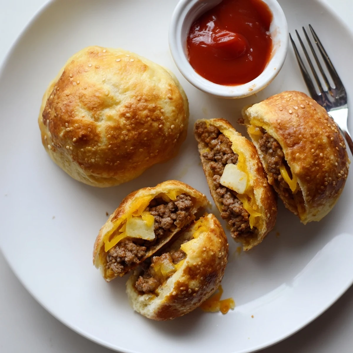 Close-up of warm Cheesy Cheeseburger Bombs oozing melted cheddar, cooling on parchment