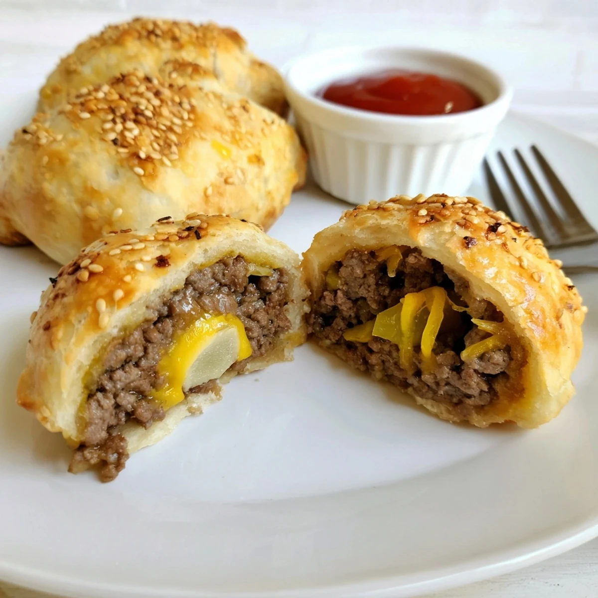 Plate of baked Cheesy Cheeseburger Bombs, crunchy biscuit exterior and juicy beef