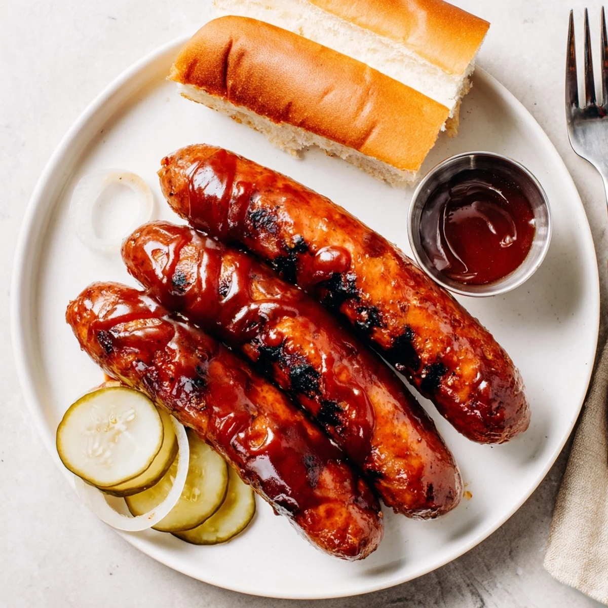 BBQ Sausage Recipe: grilled sausages glistening with caramelized tangy sauce  