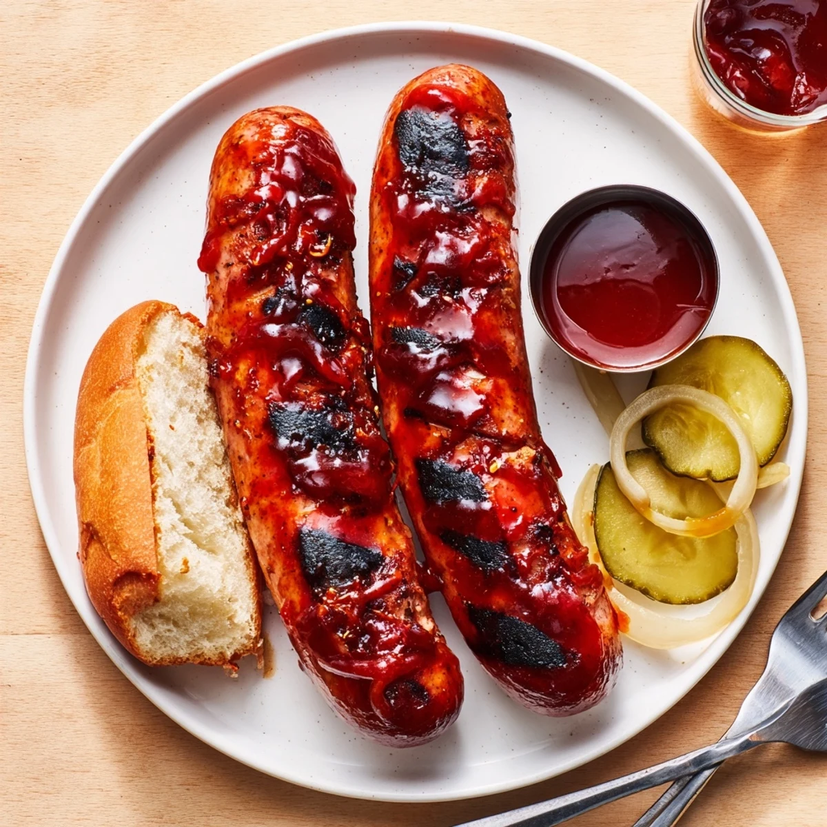 Smoky BBQ Sausage Recipe served in toasted buns with crunchy pickles  