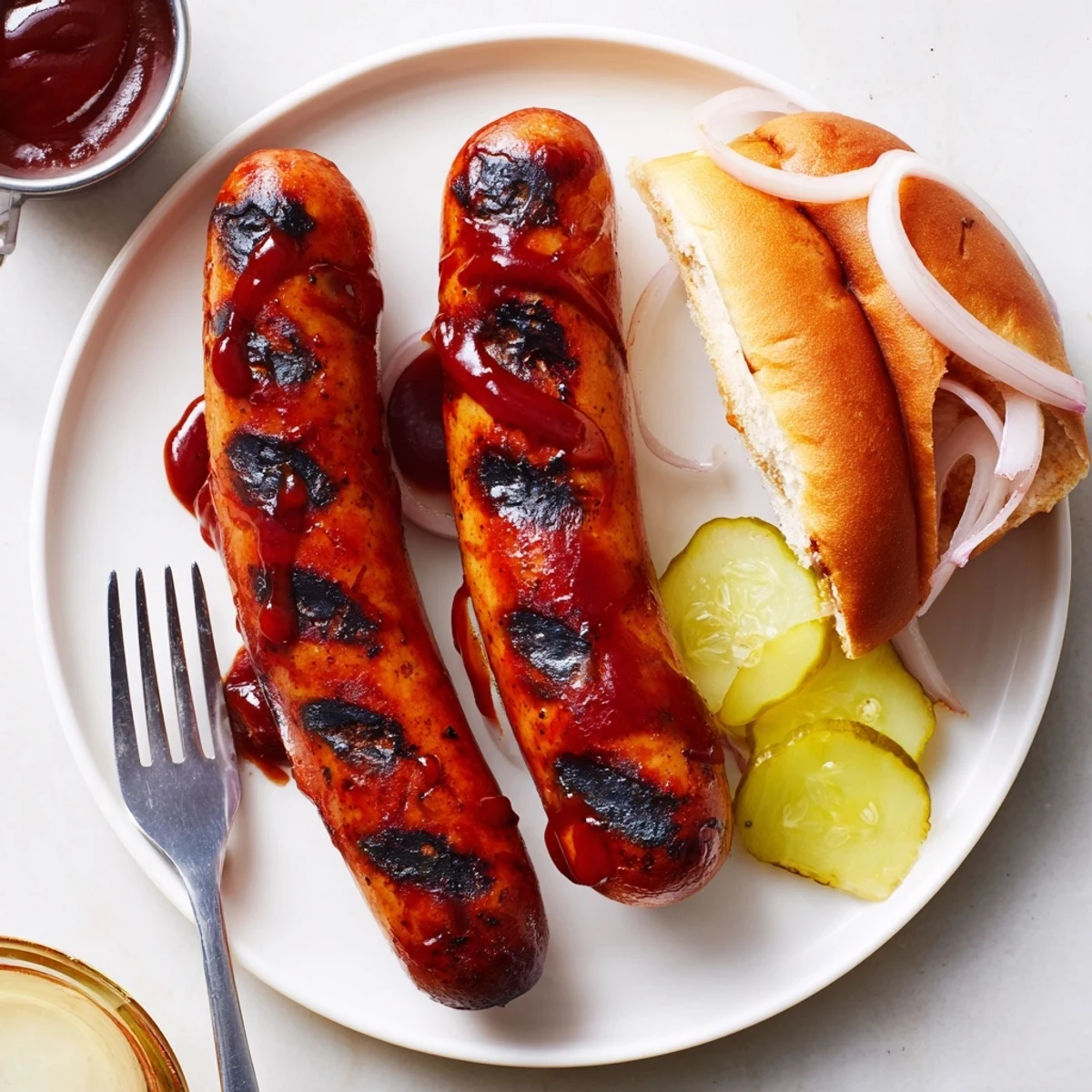Weeknight BBQ Sausage Recipe brushed during grilling, steaming with juices and browned edges