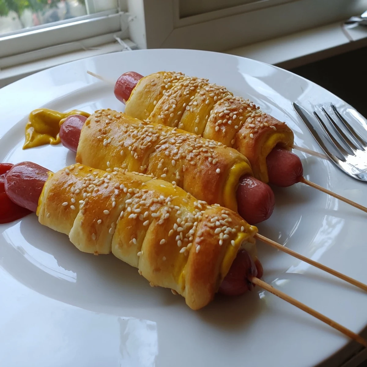 Golden baked Firecracker Hot Dogs Recipe wrapped in crescent dough, buttered