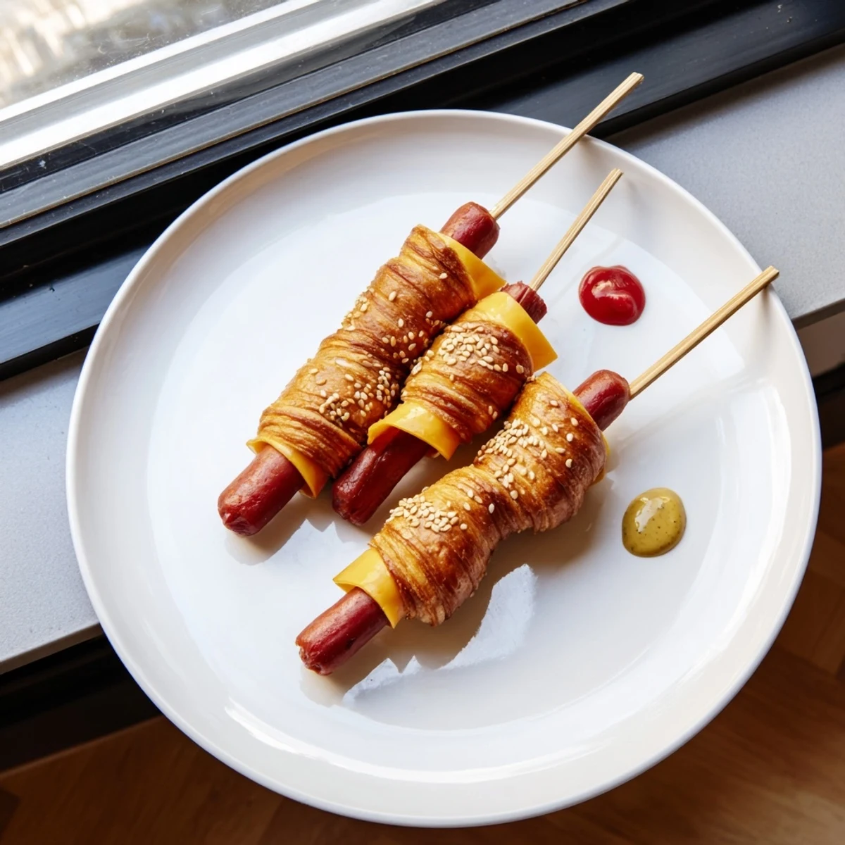 Crispy spiral Firecracker Hot Dogs Recipe with melted cheddar, ketchup for dipping