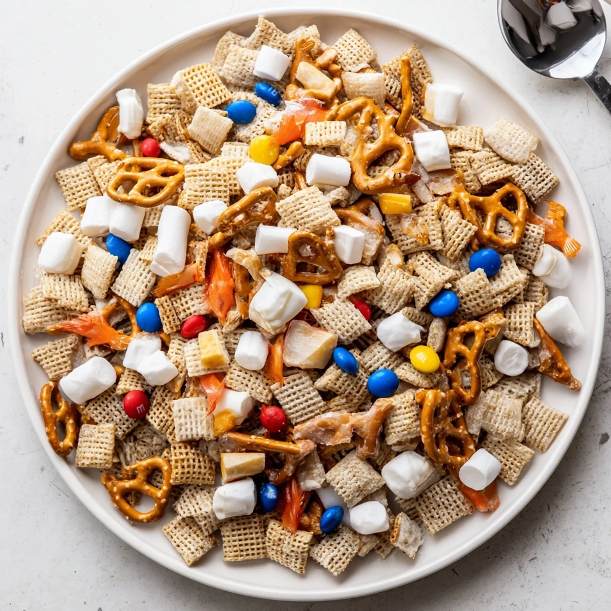 White Trash Snack Mix with glossy white chocolate coating, salty sweet crunch