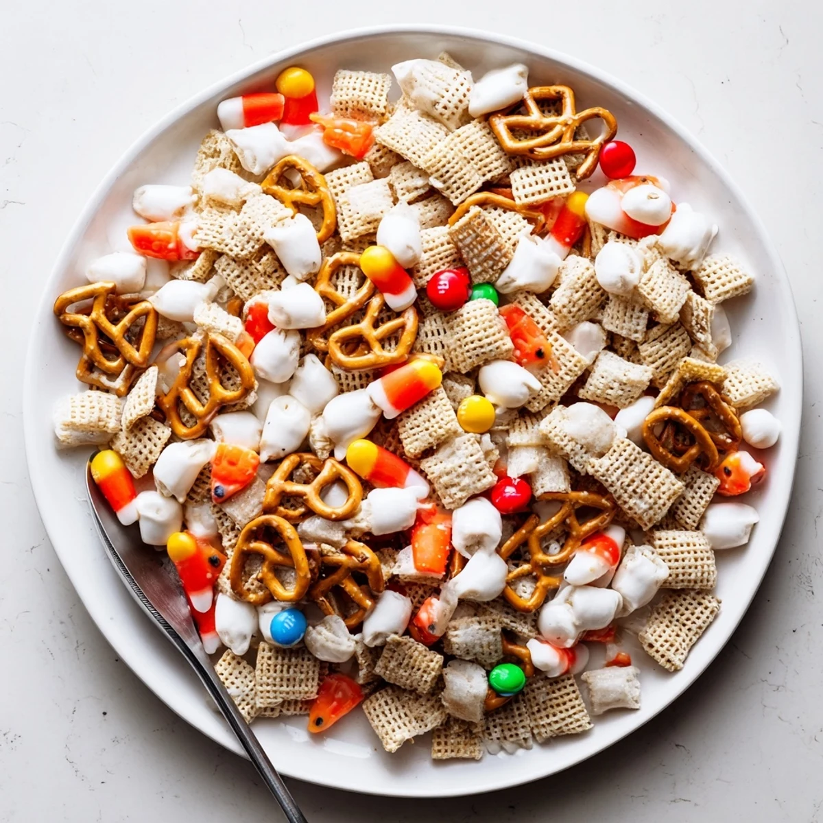White Trash Snack Mix spread on baking sheet, ready for cooling and sharing