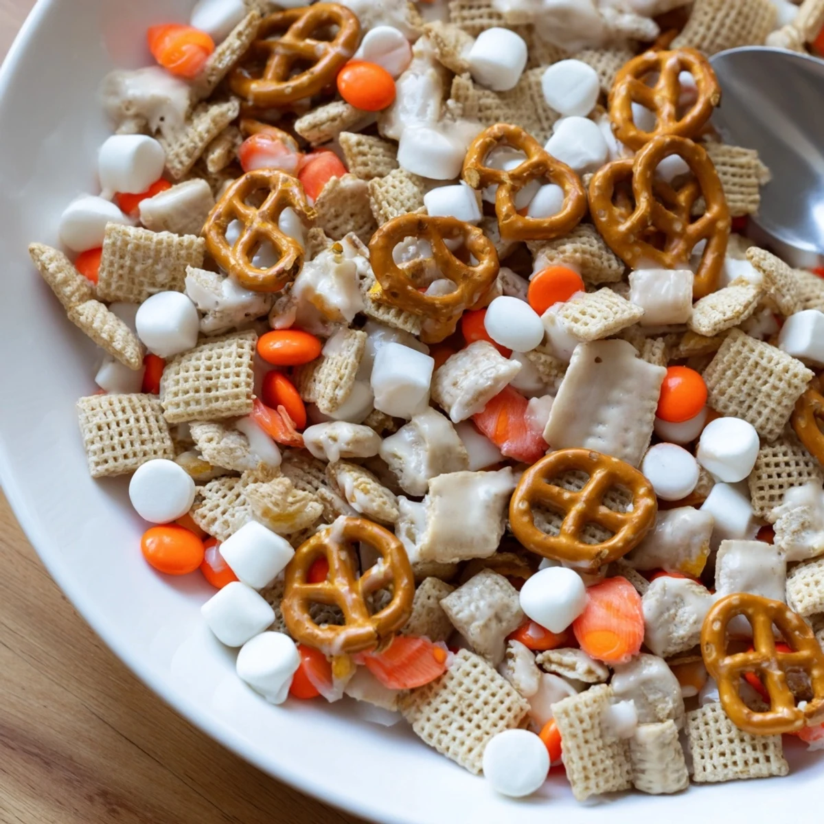A bowl of White Trash Snack Mix, mini M&M's and marshmallows peeking