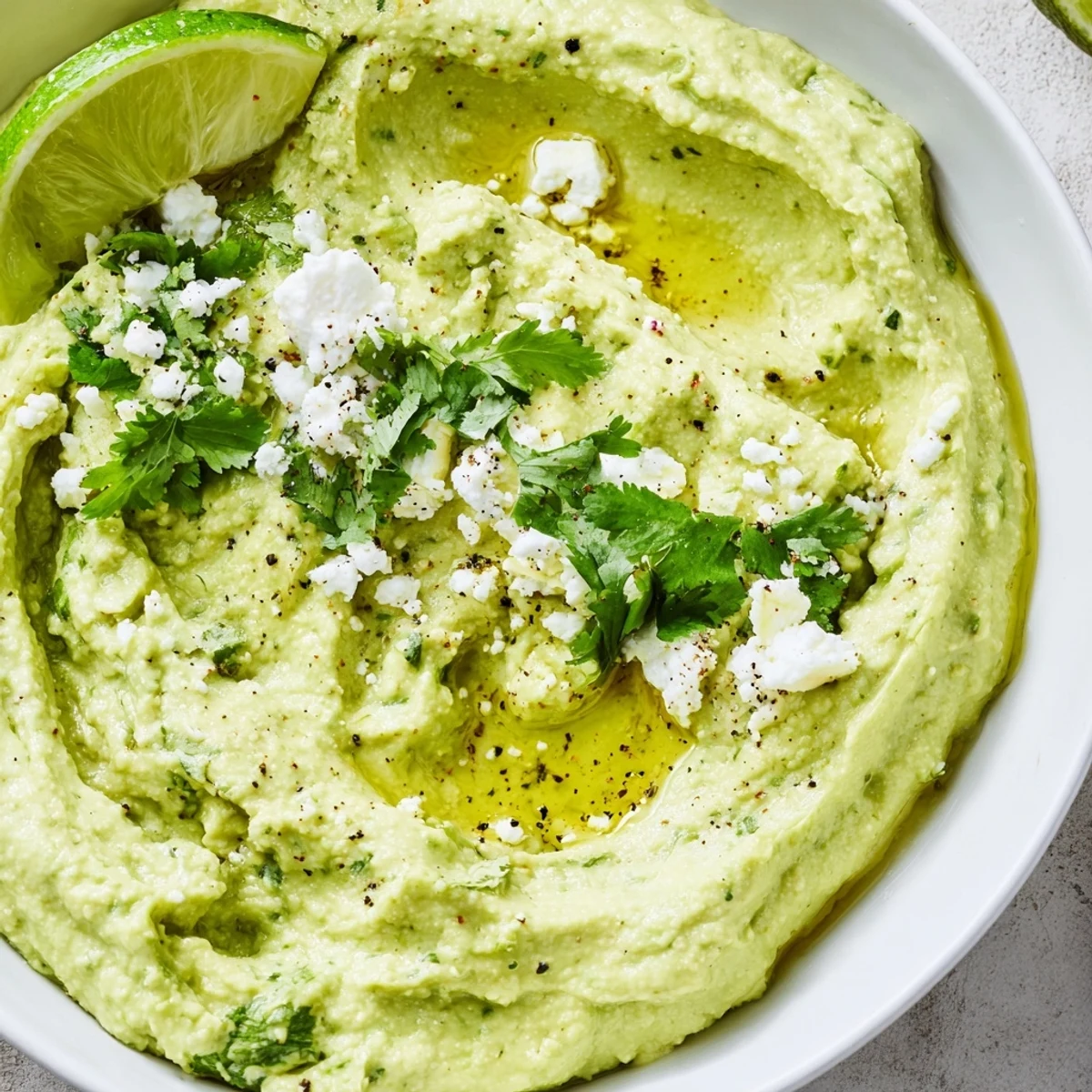 Creamy Avocado Feta Dip in a bowl, drizzled olive oil, pita chips