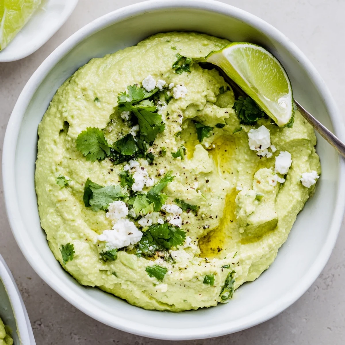 Garlicky-smooth Creamy Avocado Feta Dip topped with olive oil, crisp veggies