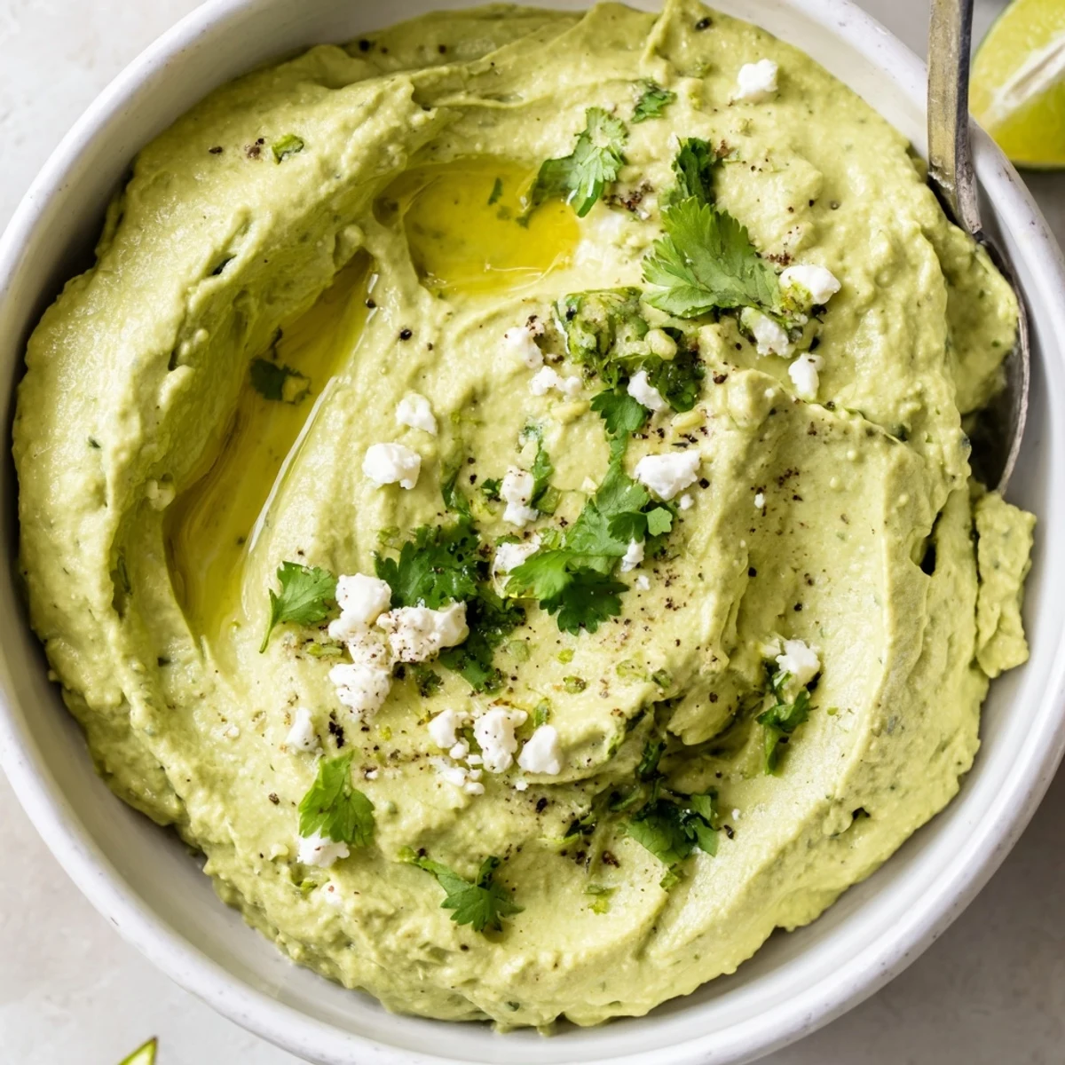 Bright green Creamy Avocado Feta Dip garnished with cilantro and lime