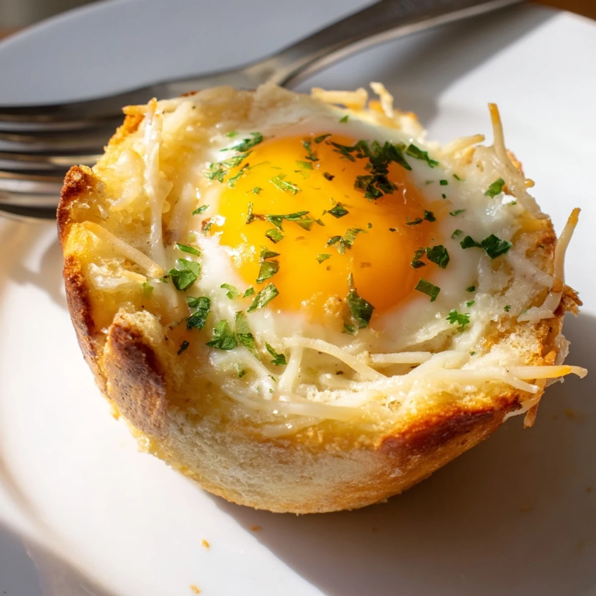 Warm Lazy Garlic Bread Egg Cups with golden yolks and parsley garnish