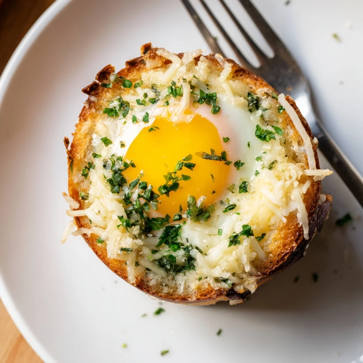 Quick Lazy Garlic Bread Egg Cups served warm alongside fresh fruit