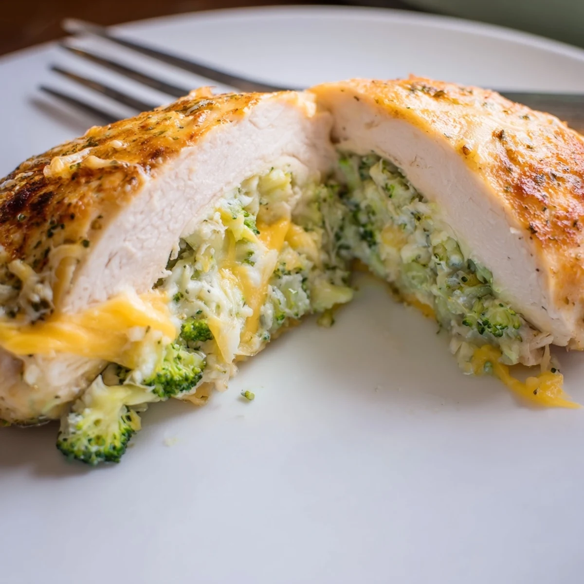 Sliced Broccoli Cheese Stuffed Chicken Breast revealing creamy filling, warm steam