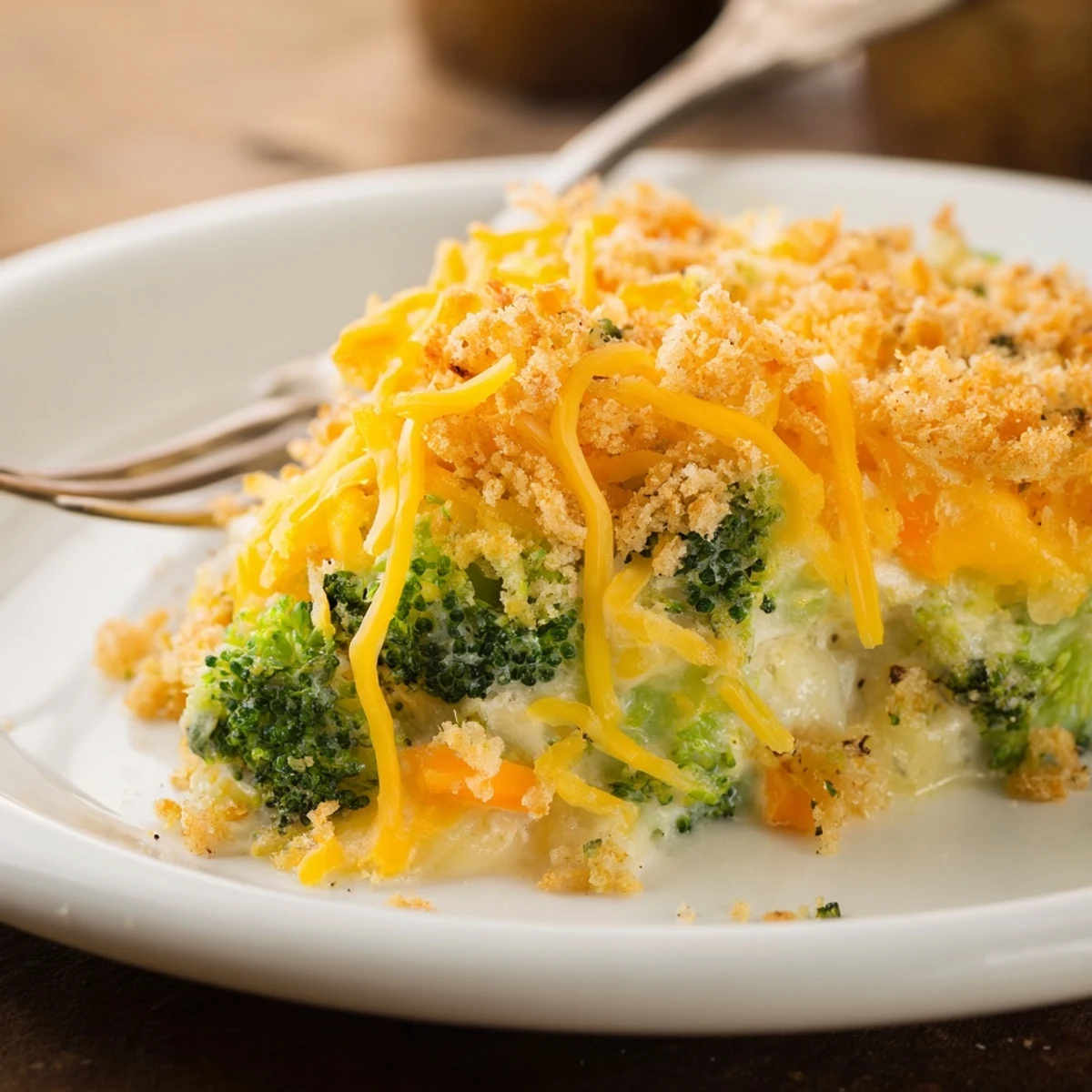 Golden Cheese Bake Broccoli Carrots bubbling with creamy cheddar, crisp breadcrumb topping