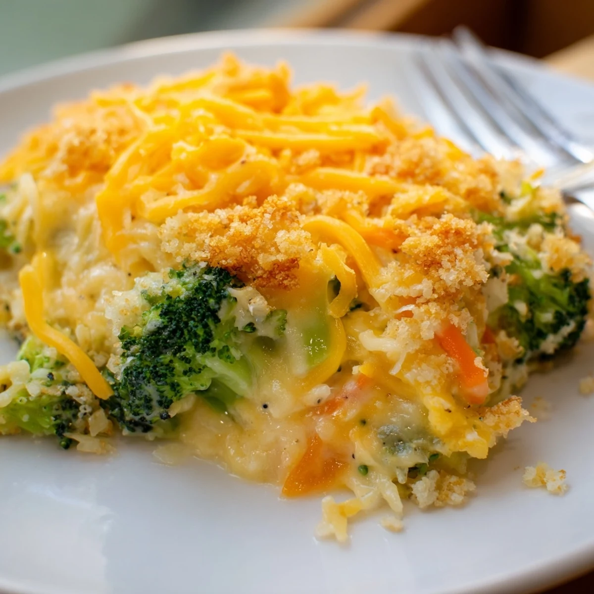 Sliced carrots and tender florets in Cheese Bake Broccoli Carrots, baked golden