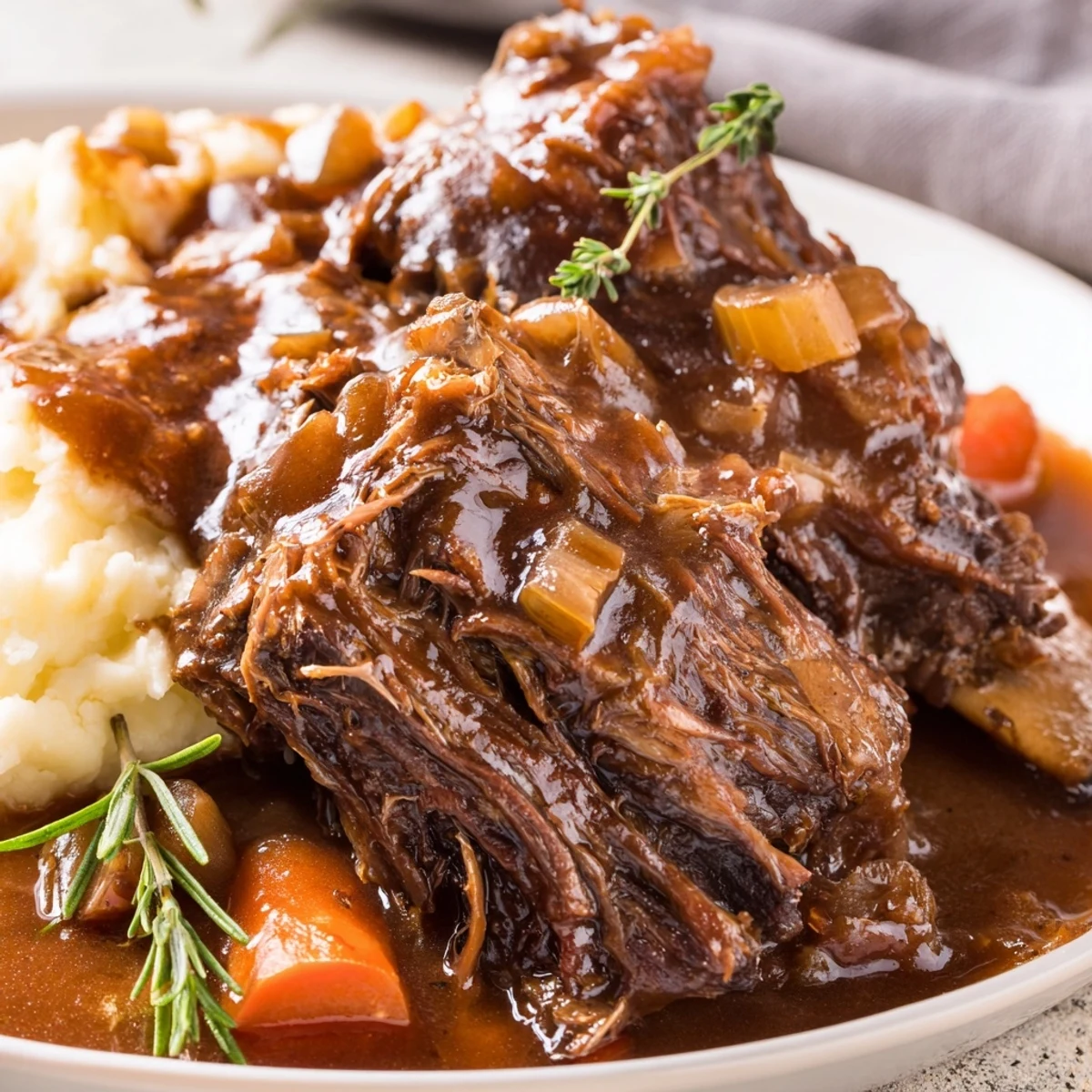 Caramelized onions and herbs surround Slow Cooker Beef Short Ribs, melt in your mouth