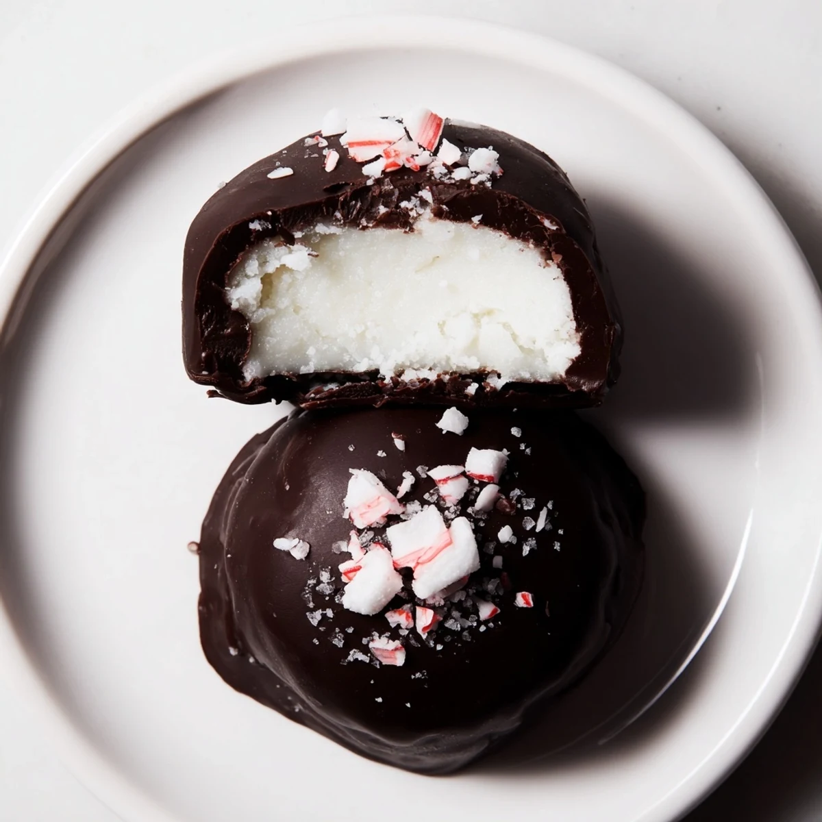 Homemade Peppermint Patties chilled, fork dipped glossy coating, sprinkled with crushed candy