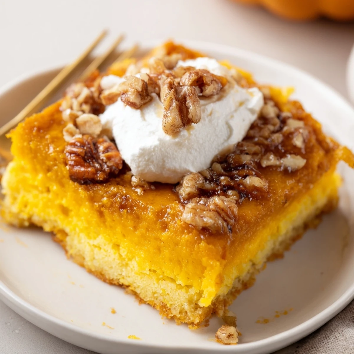 Pumpkin Dump Cake, golden top and pecan crunch, served warm with whipped cream