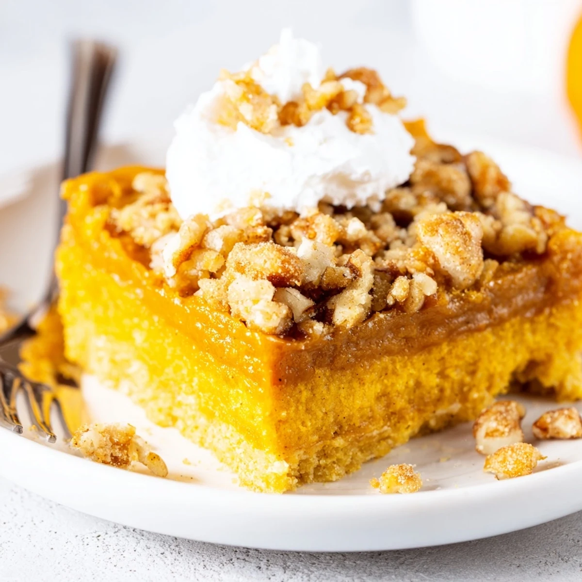 A slice of Pumpkin Dump Cake cooling in pan, spiced aroma rising