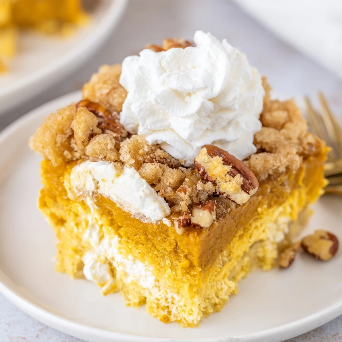 Warm Pumpkin Dump Cake bubbling at edges, buttery crumbs and toasted pecans