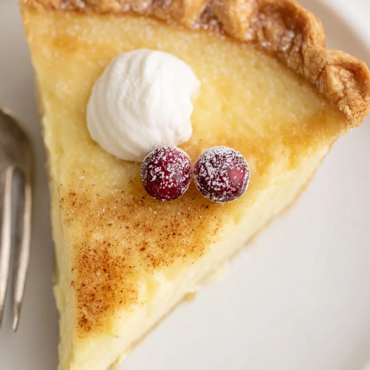 Warm slice of Christmas Eve Custard Pie With Cinnamon Vanilla, dusted powdered sugar