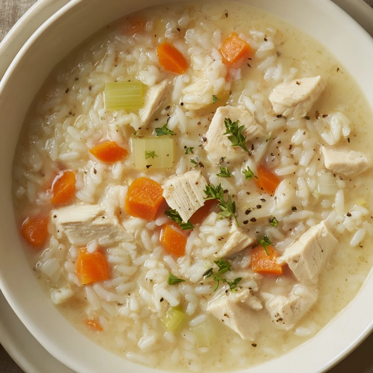 Creamy Chicken Rice Soup steaming in bowl, tender chicken and silky broth  
