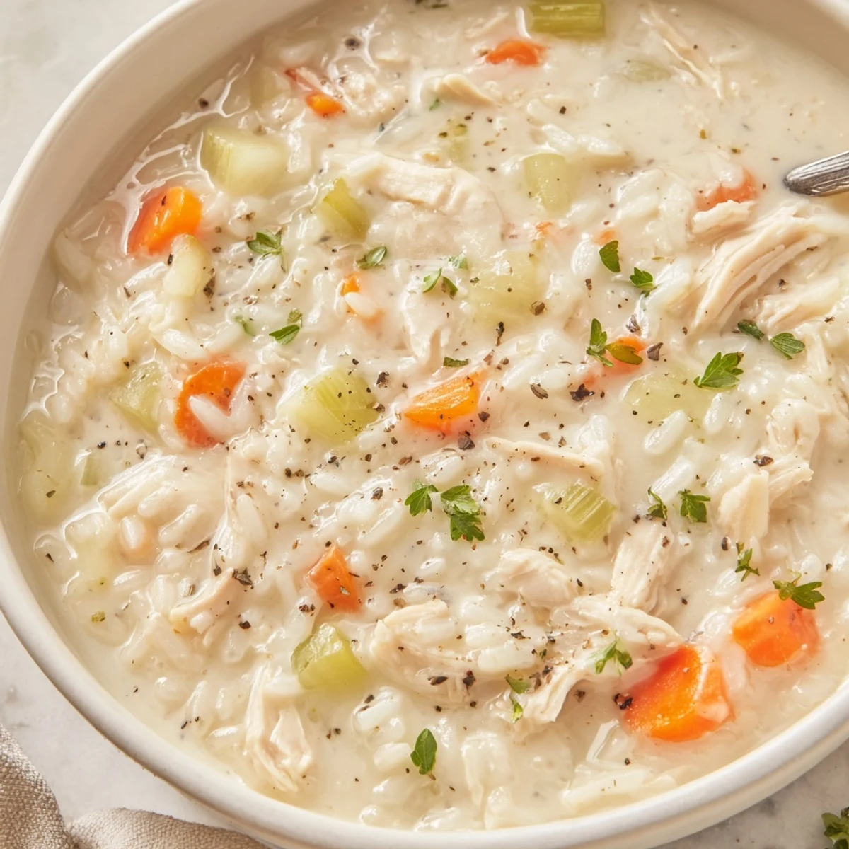 Warm bowl of Creamy Chicken Rice Soup garnished with parsley and bread  
