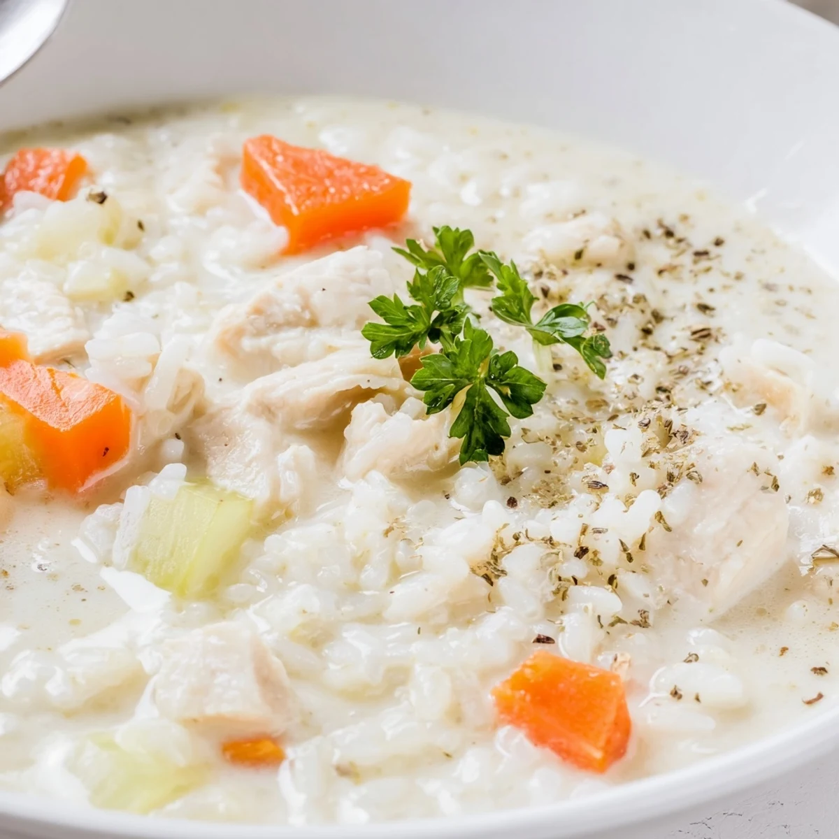 Rich Creamy Chicken Rice Soup simmering in pot, thickened roux, savory aroma