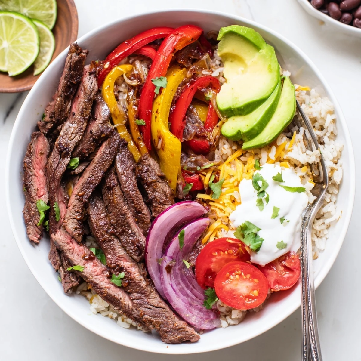 Bright colors in Steak Fajita Power Bowls with creamy avocado, warm rice  