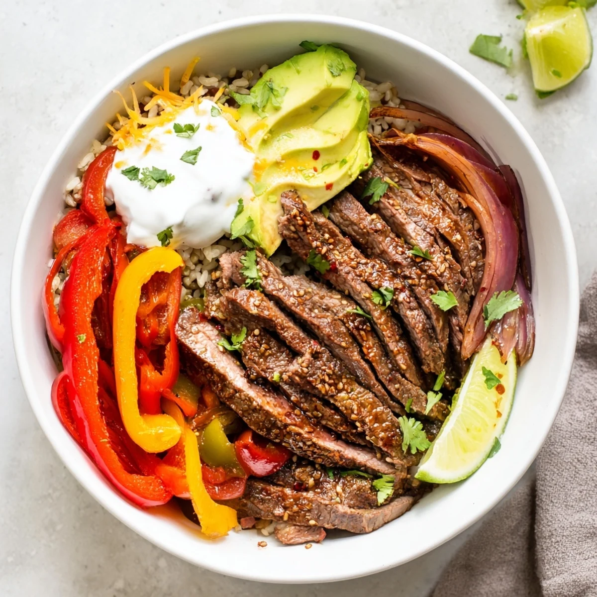 Served hot, Steak Fajita Power Bowls showcase black beans, melted cheese, cilantro