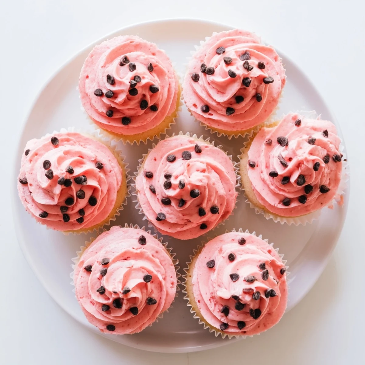 Pink watermelon cupcakes topped with swirled buttercream frosting and chocolate chip seeds on white plate