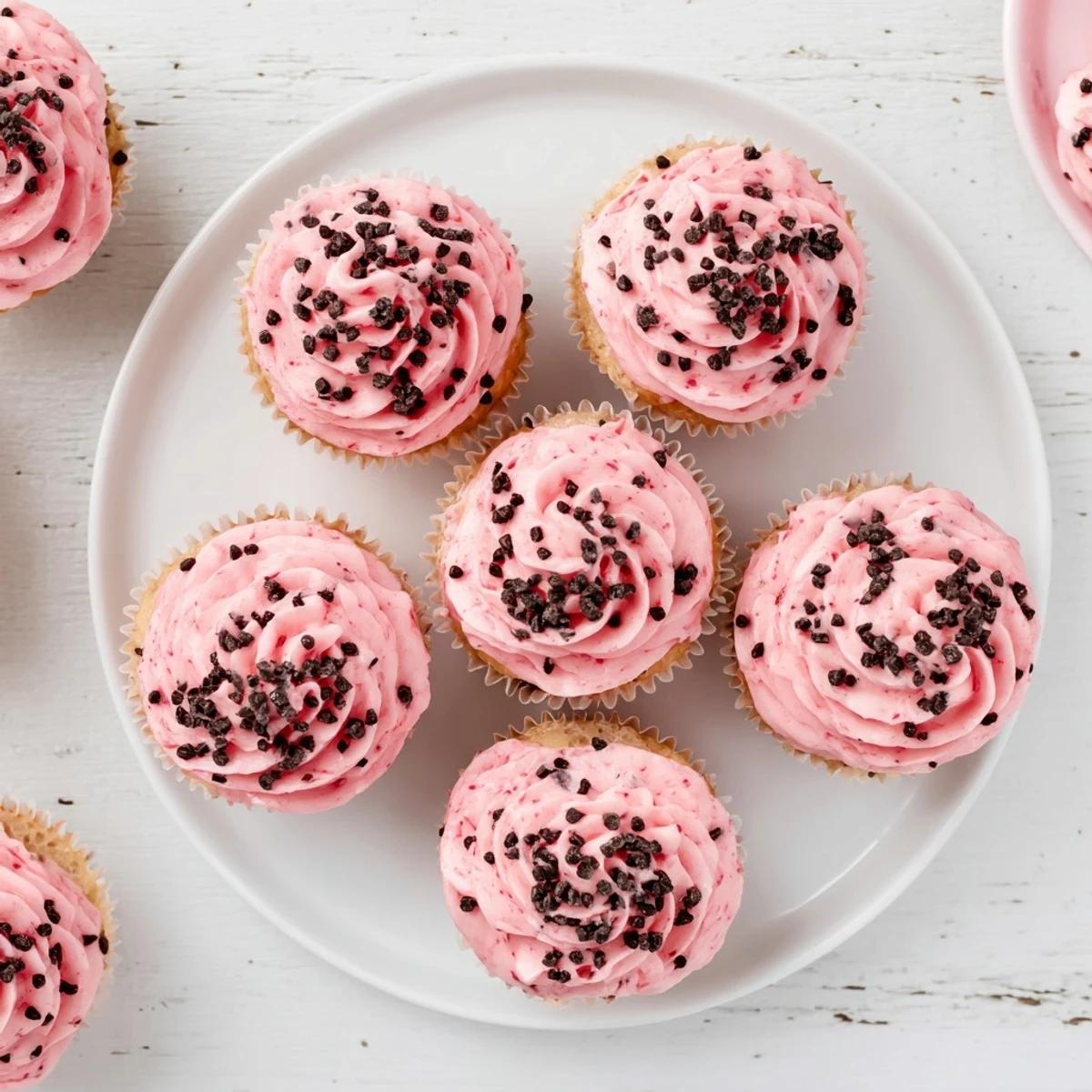 Freshly baked watermelon cupcakes with creamy pink frosting decorated like watermelon slices for summer parties