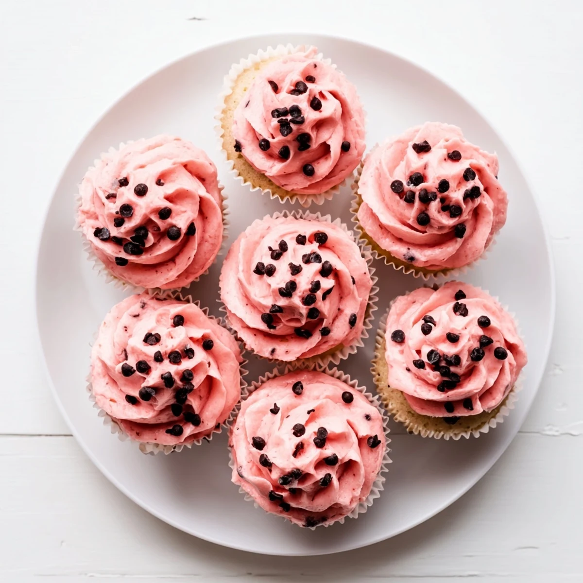 Moist vanilla watermelon cupcakes piped with pink buttercream and sprinkled with mini chocolate chips