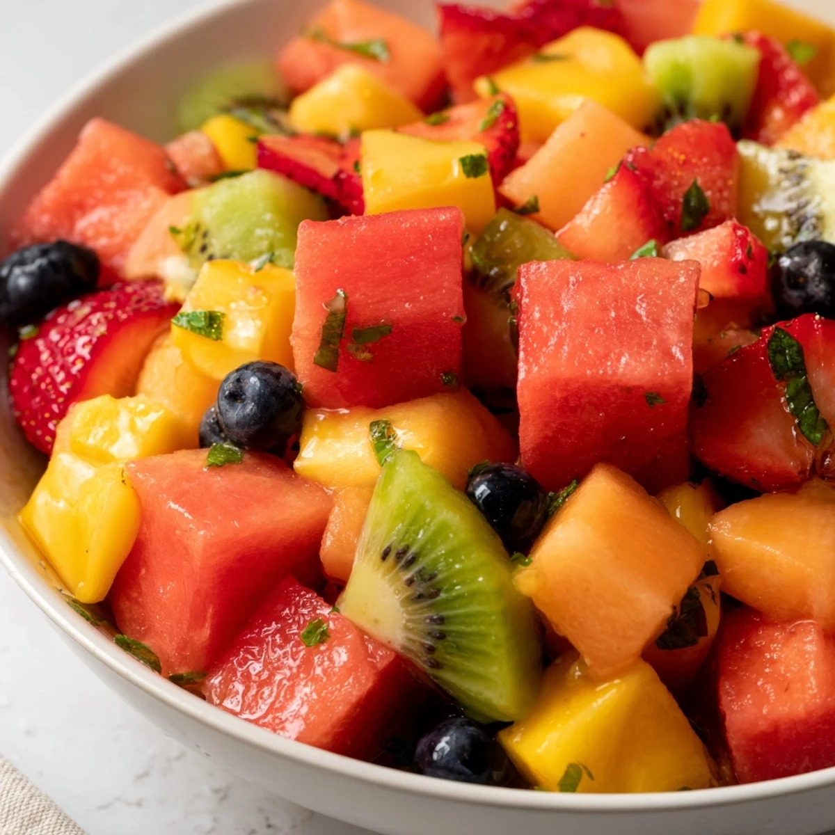 Refreshing summer fruit salad featuring ripe seasonal melon and berries tossed in bright orange-lime dressing